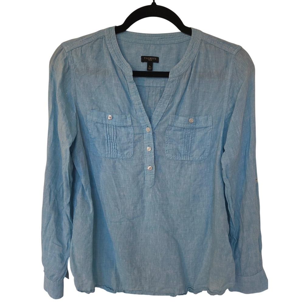 Talbots 100% Linen Blue Henley Tunic Blouse Top S Petite Coastal Resort Travel